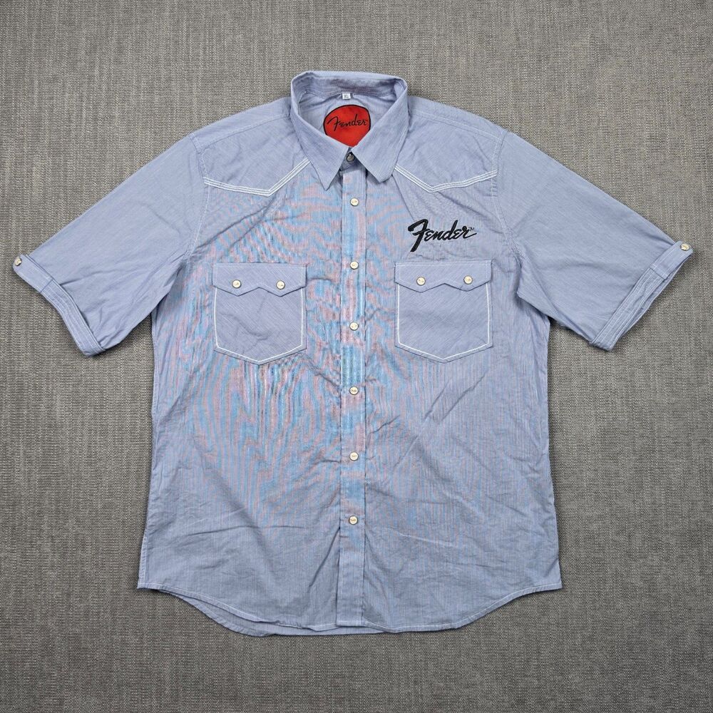 Fender Guitars Pearl Snap Shirt Mens XL Blue Pinstripe Short Sleeve Western Work